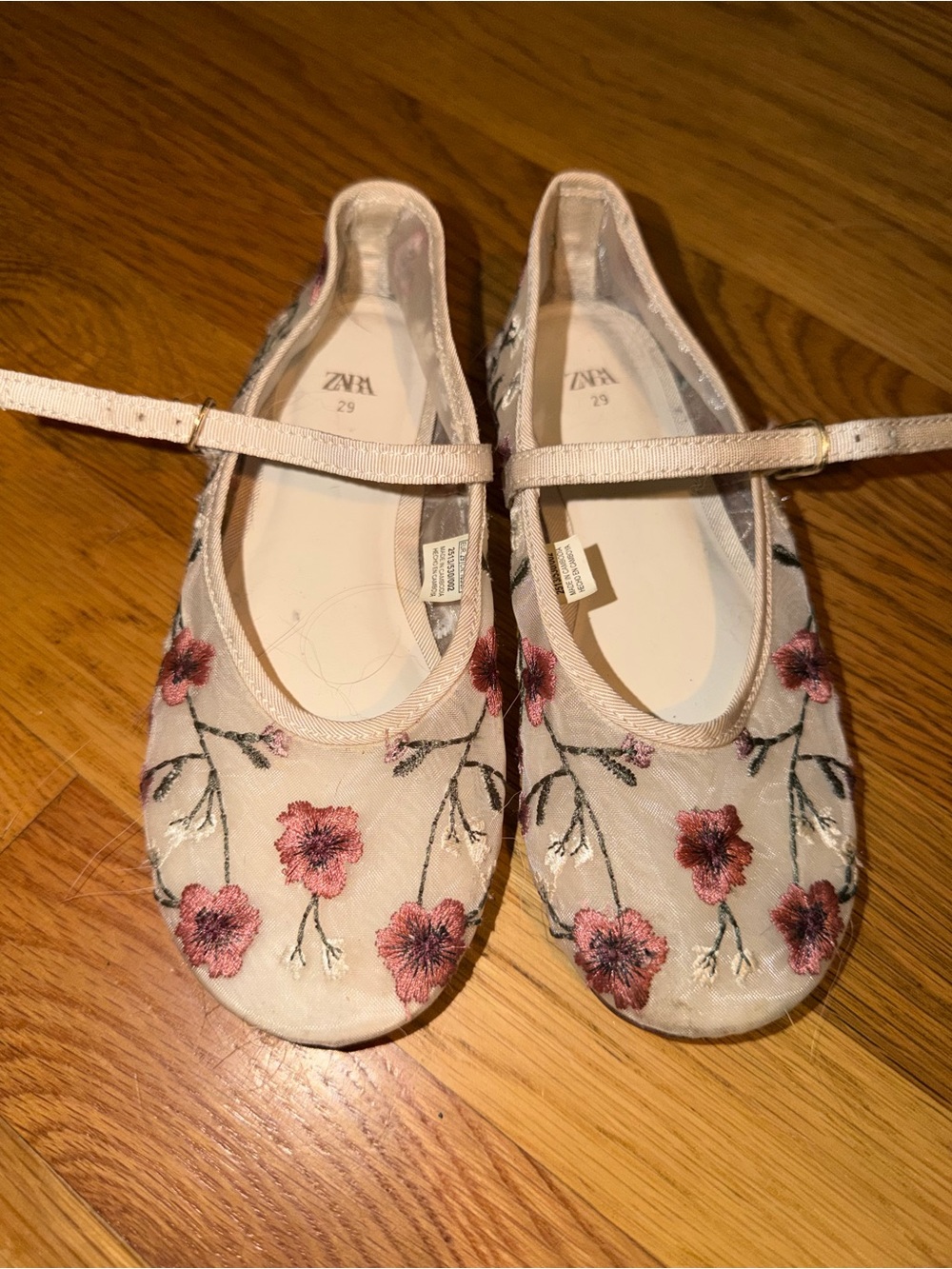Zara Kids Embroidered Floral Mesh Mary Jane Flats EU 29 Girls